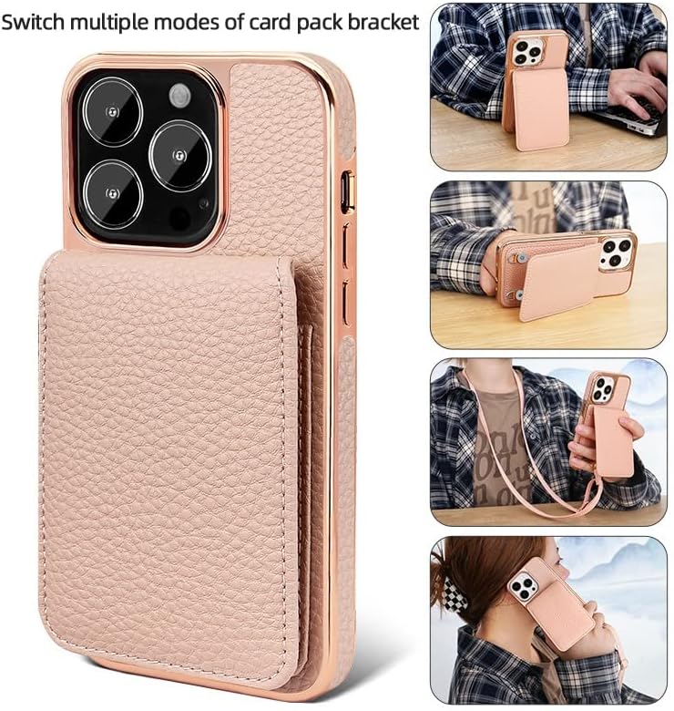 Чанта-портфейл с панти капак за телефон, Съвместим с iPhone 14 Plus, Висококачествена кожа + Галванична рамка, Защитен калъф с магнитна гърба с отделения за карти + каишка,