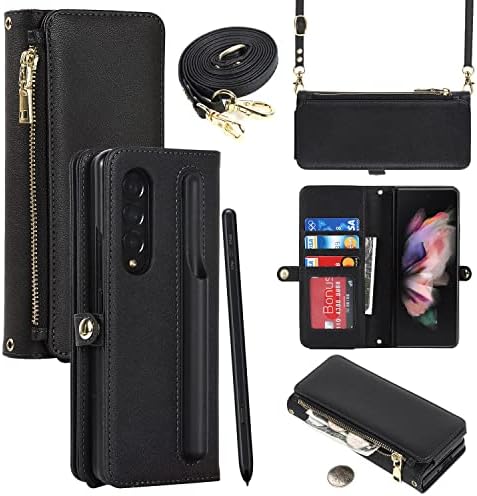 Чанта-портфейл Cavor за Samsung Galaxy Z Fold 3 през рамо с притежателя на S Pen, [9 слотове за карти] [1 джоб с цип] [Функция на каботажните] устойчив на удари панти калъф от кожа на ма