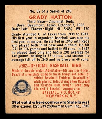 1949 Боуман 62 Грейди Хатън Синсинати Редс (Бейзболна картичка) БИВШИЯТ играч на червените