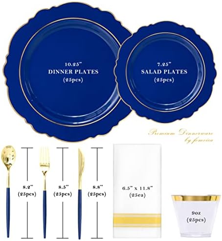 Набор от FOMOICA 175 Сини пластмасови чинии и тъмно синьо, Златни съдове - Еднократна Набор от Кралското Синьо