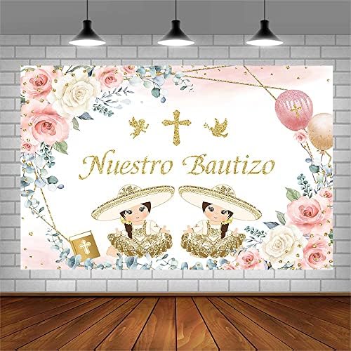 AIBIIN 7x5ft Mi Bautizo Фон за Момичетата-Близнаци Nuestro Bautizo Кръщението, Първото Свето Причастие, Златна
