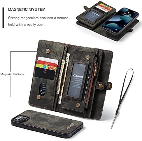 Kowauri за iPhone 13 Mini Чанта-портфейл Кожен портфейл с цип, устойчив на удари Бронята от TPU, Сменяем Магнитен