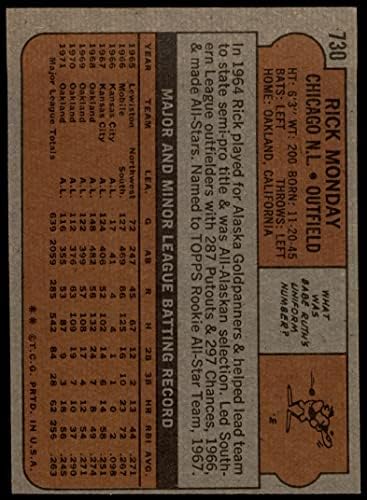 1972 Topps 730 Рик Понеделник Чикаго Къбс (Бейзболна картичка) VG/EX Къбс