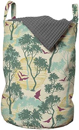 Чанта за дрехи Ambesonne Forest, Боядисани ръчно Лети дървета, птици, Кошница за дрехи с дръжки, Закрывающаяся