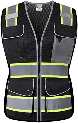 Защитни жилетки от черна вкара плат с висока видимост HATAUNKI с 9 джобове и преден цип, защитна жилетка hi