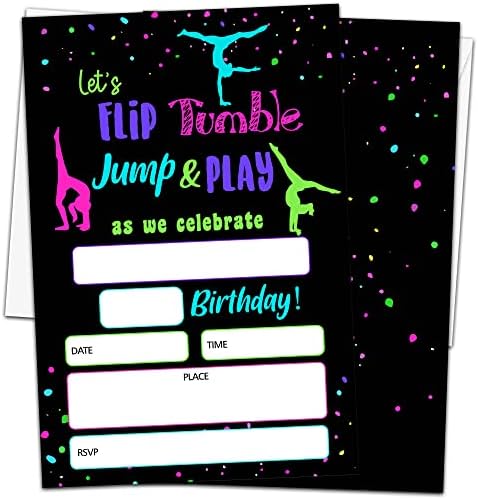 Покани, Картички за рожден ден, неонови гимнастика ISOVF 4 x 6 С конвертами (20 групи) - Flip Сушилни Jump &