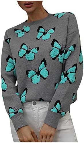 HUANKD Дамски Пуловери Есен-зима с принтом Пеперуда, през Цялата Силует, Дълъг Ръкав, Вязаный Пуловер Пуловер