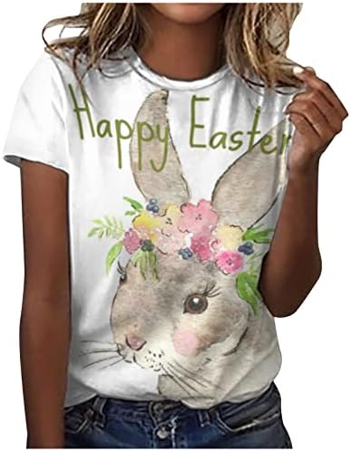 Ризи на Ден на Великден, за Жени, Върхове със Забавна Хубав Принтом Заек, Тениска с Къс Ръкав и V-образно деколте