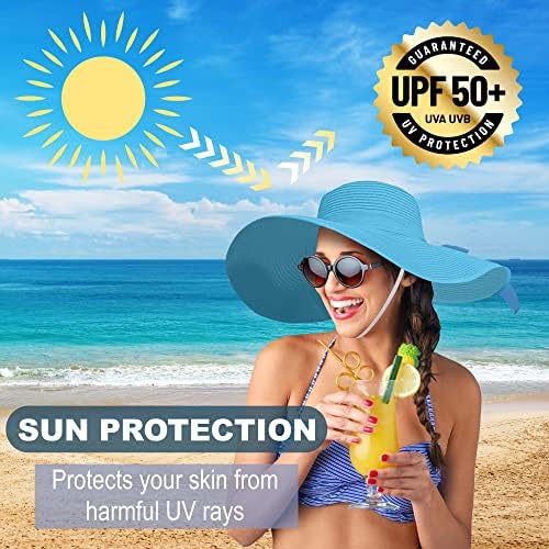 Дамска Сламена Шапка от Слънцето с Широка Периферия UPF 50 +, Шапка със защита от ултравиолетови лъчи с Лък,