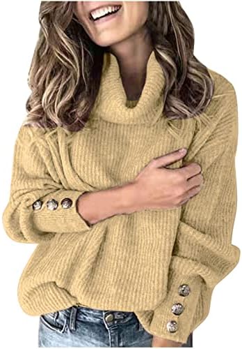 Дамски Пуловери с високо Воротом, Пуловер Копчета с Дълъг Ръкав, Възли Пуловери, Плюс размери, Мек Монофонични