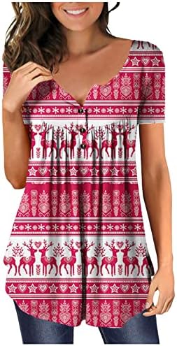 xipcokm/ Коледни Тениски за Жени, Ежедневни Блузи Копчета, Тениска с Къс ръкав и V-образно деколте, Прикрива