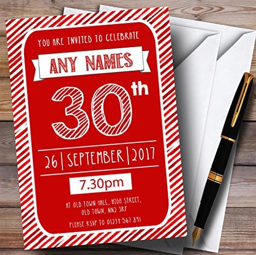 Пощенска картичка Zoo Red & White Stripy Деко стил 30th Персонални Покани на парти по случай рождения Ден