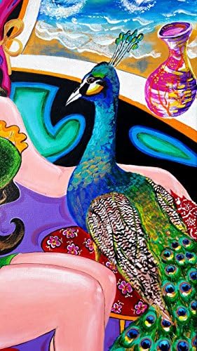Дами и Паун - Оригинално произведение с акрилни текстура на Растянутом платно 18 x 24 инча, Игриви Цветни Тропически