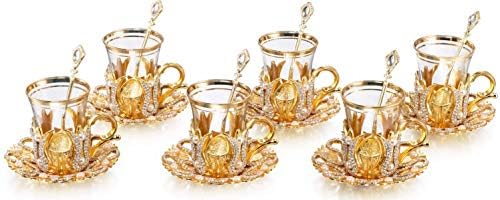 Комплект от 6 Чаени Чаши са Ръчно изработени в турски стил, Чинии и Лъжици с Кристали и Перли, Злато, 3 Грама