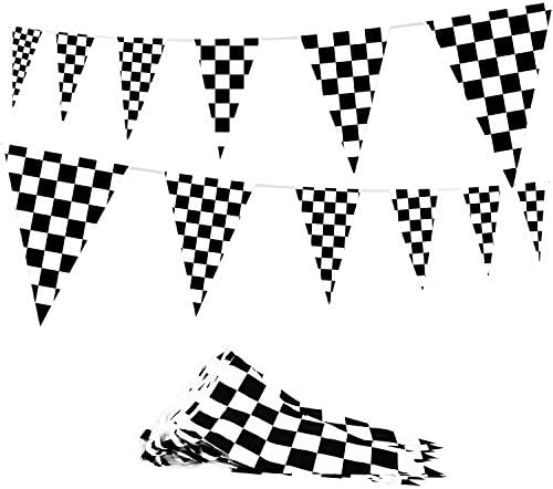 Новост Сложите 100-крак Карирани Вимпел-Банер - 48 черно-бели Състезателни Знамена Пластмаса Банер (12 x 18)