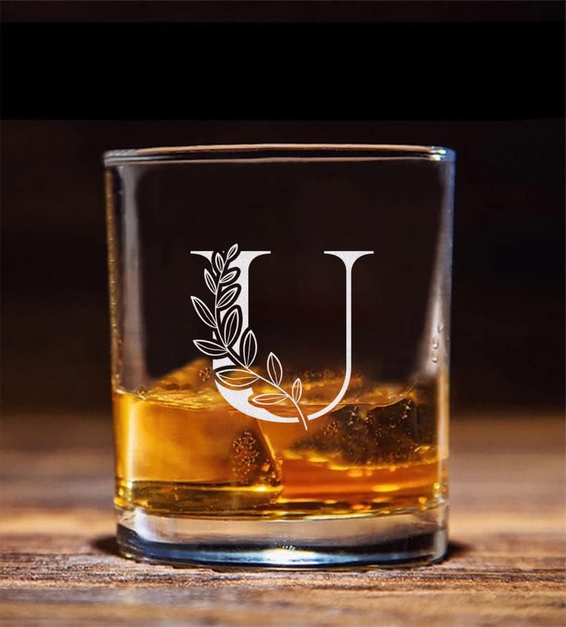 Чаша за уиски с цветя монограм U - Выгравированная буква A-Z - Чаша за уиски без крака - Подаръци за татко -