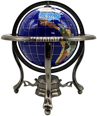 Уникален Художествен 10-Инчов Настолен Глобус със Синьо Ляписом Ocean Gemstone World Globe със Сребърна Стойка