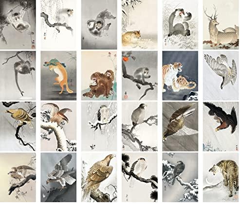 PIXILUV Реколта картички (24 бр 4 x6 всяка) Орел, Сокол, Тигър, Маймуна, Реколта японската Гравюра Косона Охары,