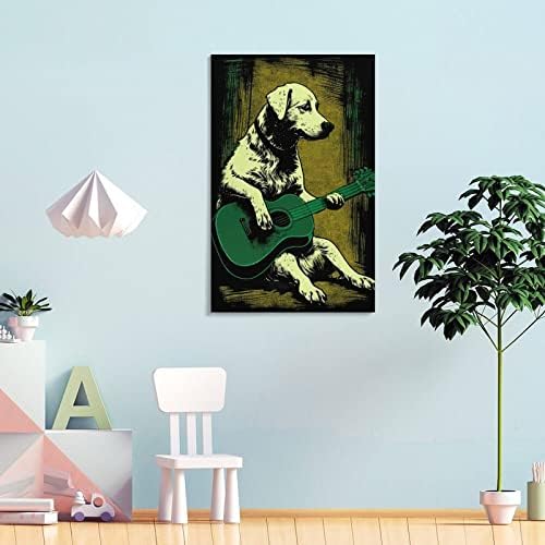 Забавно Куче свири на китара Животно платно плакат Реколта Ретро Цветен Живопис китара Лабрадор куче Стенно