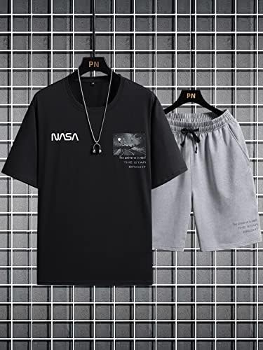 Мъжко облекло от две части NIBHZ, Тениска с графичен слоган и къси панталони с завязками на талията (Цвят: черен,