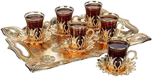 (Пакет от 6) Турски Чаени Чаши DEMMEX, Определени Блюдец с Тавата и Лъжици, 25 парчета, 3,5 унции (злато)