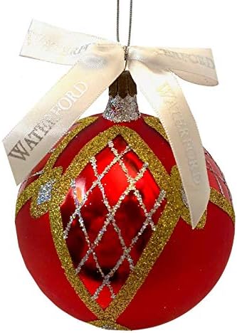 Уотерфордские Празнични Семейни Реликви Avoca Червено-Златна Коледна Топка Украса От Стъкло Бластване